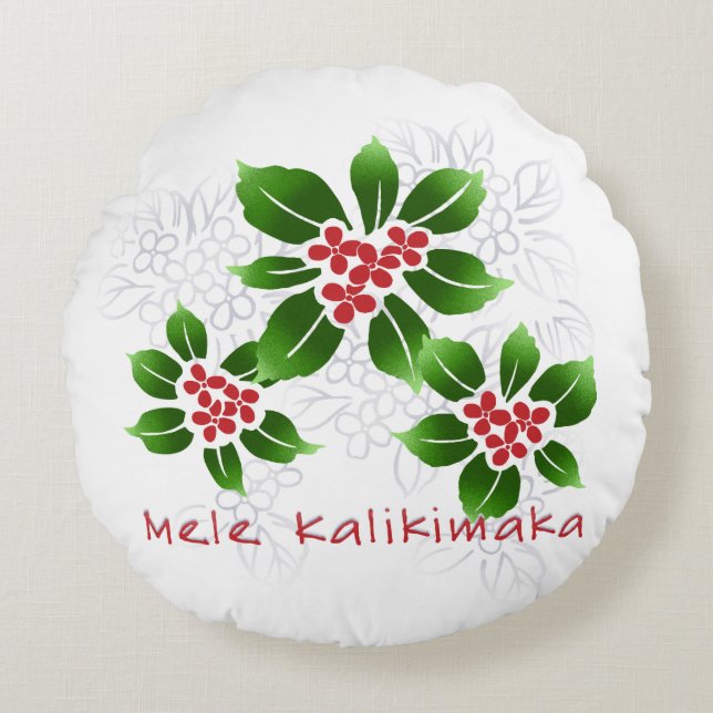 Hawaiian Holly Mele Kalikimaka Christmas Red Round Cushion (Front)