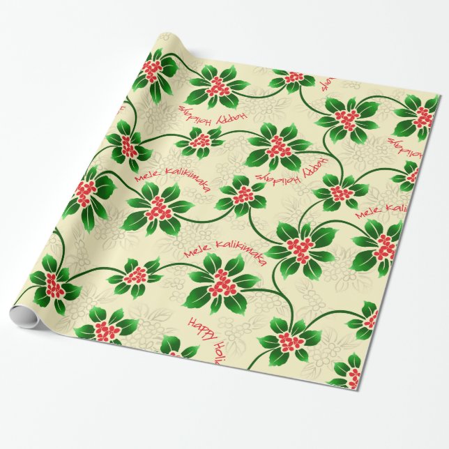 Hawaiian Holly Mele Kalikimaka Christmas Red Wrapping Paper (Unrolled)
