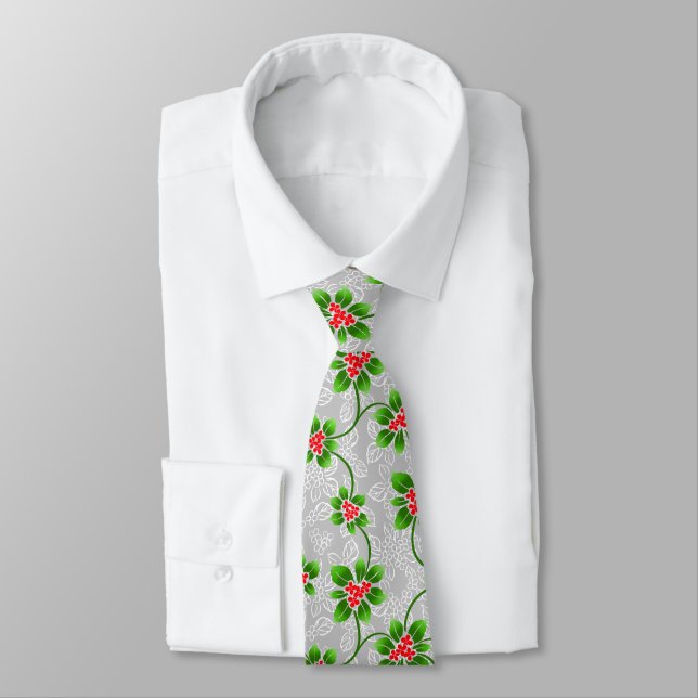 Hawaiian Holly Silver Single-Sided Tie (Tied)