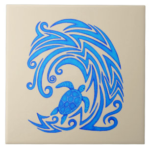 Hawaiian Honu n Wave Tribal Turtle Ceramic Tile