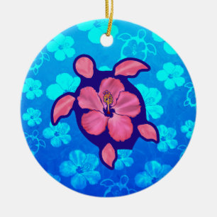 Hawaiian Honu Turtle and Hibiscus Ceramic Tree Decoration