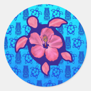 Hawaiian Honu Turtle and Hibiscus Classic Round Sticker