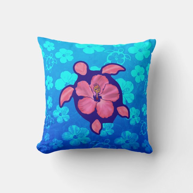 Hawaiian Honu Turtle and Hibiscus Cushion (Front)