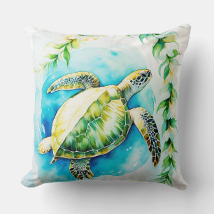 Hawaiian Honu with Plumeria & Maile Watercolor Cushion