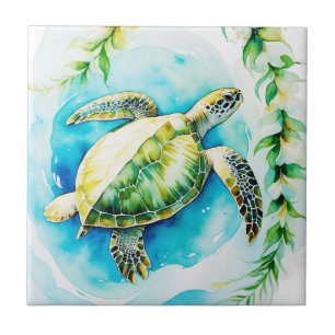 Hawaiian Honu with Plumeria & Maile Watercolor Tile