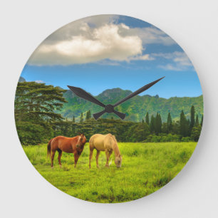 Hawaiian Horses, Hokulei Peak, Kauai, Hawaii Large Clock