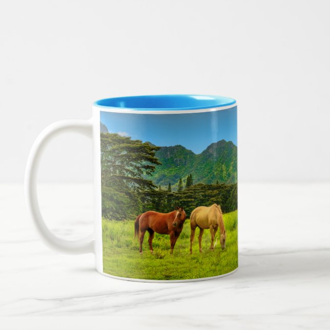 Hawaiian Horses, Hokulei Peak, Kauai, Hawaii Two-Tone Coffee Mug (Left)