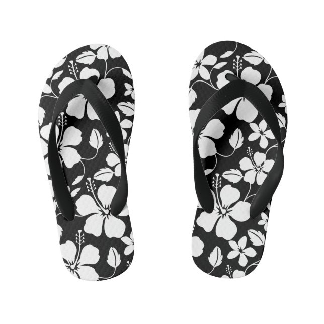HAWAIIAN HULA (HIBISCUS) BLACK KID'S FLIP FLOPS (Footbed)