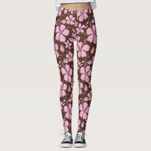 HAWAIIAN HULA (HIBISCUS) BROWN PINK LEGGINGS
