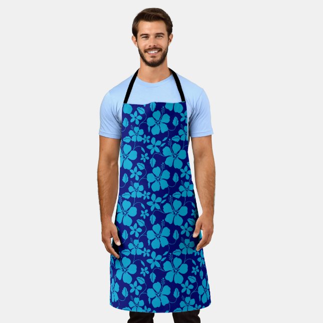 HAWAIIAN HULA (HIBISCUS) DARK/LIGHT BLUE APRON (Worn)