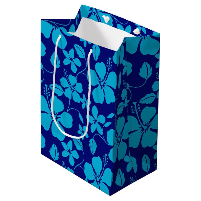 HAWAIIAN HULA (HIBISCUS) DARK/LIGHT BLUE MEDIUM GIFT BAG (Front Angled)