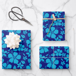 HAWAIIAN HULA (HIBISCUS) DARK/LIGHT BLUE WRAPPING PAPER SHEET