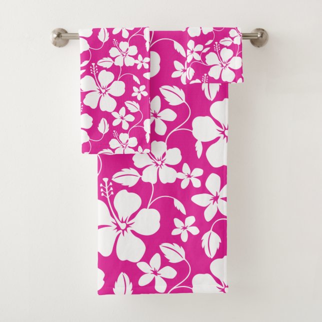 HAWAIIAN HULA (HIBISCUS) HOT PINK BATH TOWEL SET (Insitu)