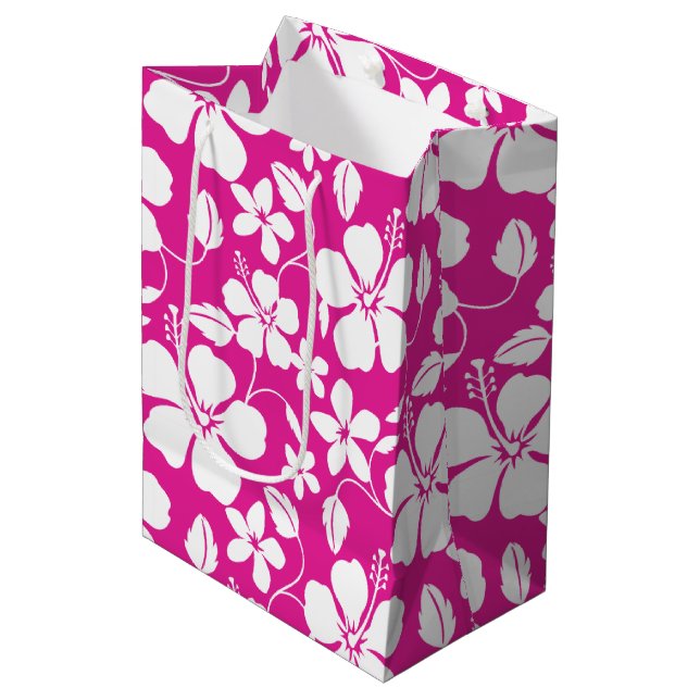 HAWAIIAN HULA (HIBISCUS) HOT PINK MEDIUM GIFT BAG (Front Angled)