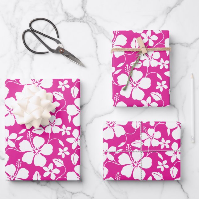 HAWAIIAN HULA (HIBISCUS) HOT PINK WRAPPING PAPER SHEET (Front)