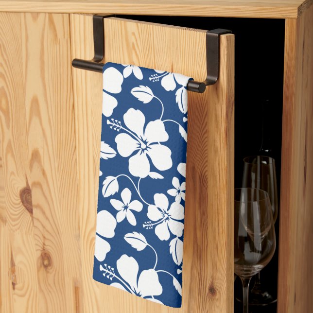 HAWAIIAN HULA (HIBISCUS) NAVY TEA TOWEL (Thirds Fold)