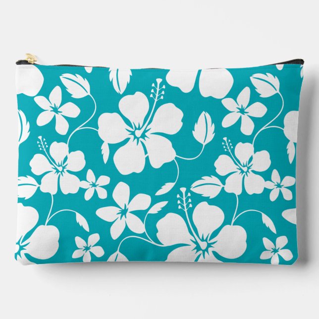 HAWAIIAN HULA (HIBISCUS) PATTERN IN TEAL ACCESSORY POUCH (Front)