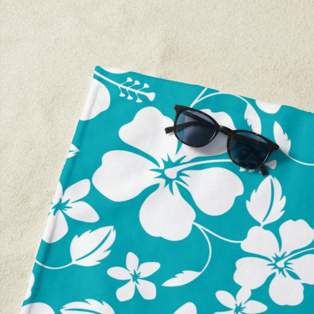 HAWAIIAN HULA (HIBISCUS) TEAL BEACH TOWEL (In Situ)