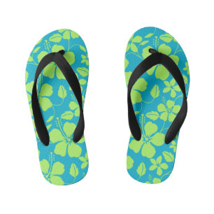HAWAIIAN HULA (HIBISCUS) TEAL LIME KID'S FLIP FLOPS