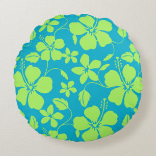 HAWAIIAN HULA (HIBISCUS) TEAL/LIME ROUND CUSHION