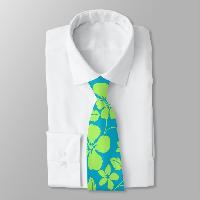 HAWAIIAN HULA (HIBISCUS) TEAL LIME TIE (Tied)