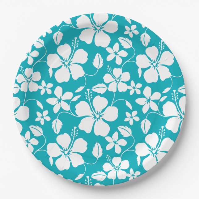 HAWAIIAN HULA (HIBISCUS) TEAL PAPER PLATE (Front)
