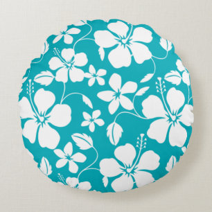 HAWAIIAN HULA (HIBISCUS) TEAL ROUND CUSHION