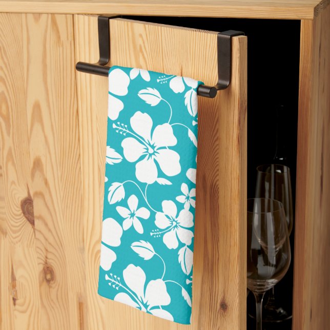 HAWAIIAN HULA (HIBISCUS) TEAL TEA TOWEL (Thirds Fold)