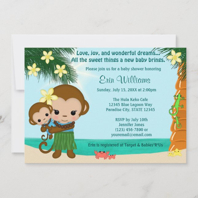 Hawaiian Hula Monkey Baby Shower invitation BOY (Front)