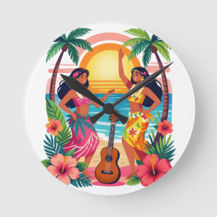 Hawaiian Hula Sunset Beach Tropical Dance Art Round Clock