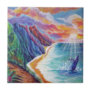 Hawaiian Humpback Whale and Na Pali of Kauai Tile