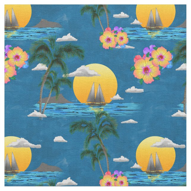 Hawaiian Island Beach Sunset on Blue Fabric (Close Up)