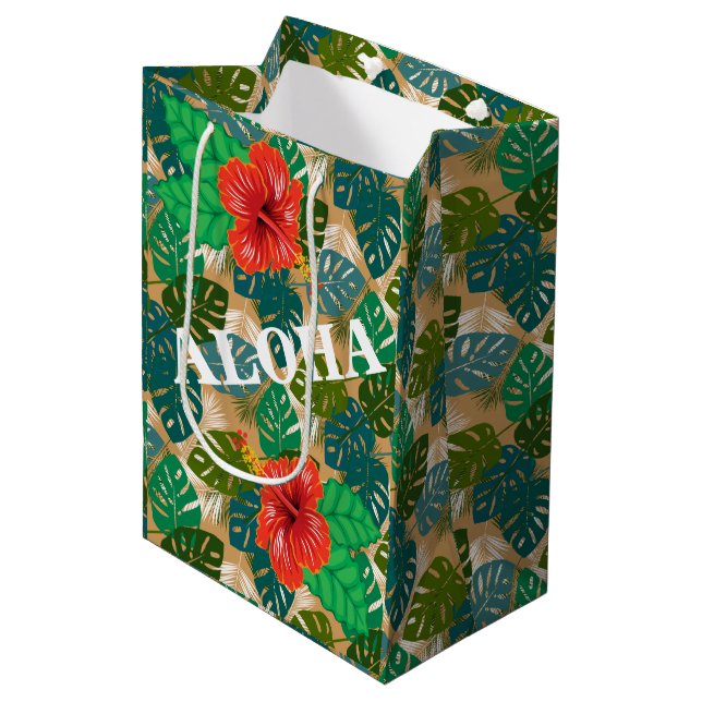 Hawaiian Jungle Foliage Hibiscus ALOHA Medium Gift Bag (Front Angled)