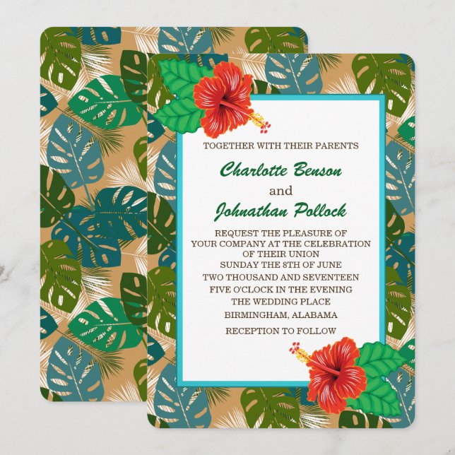 Hawaiian Jungle Foliage Hibiscus Flower Wedding Invitation (Front/Back)