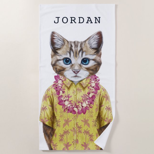 Hawaiian Kitty Cat | Add Your Name Beach Towel (Front)