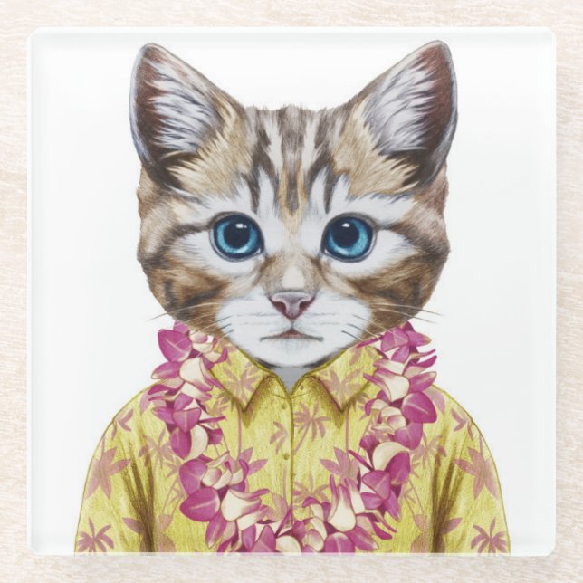 Hawaiian Kitty Cat Glass Coaster (Front)