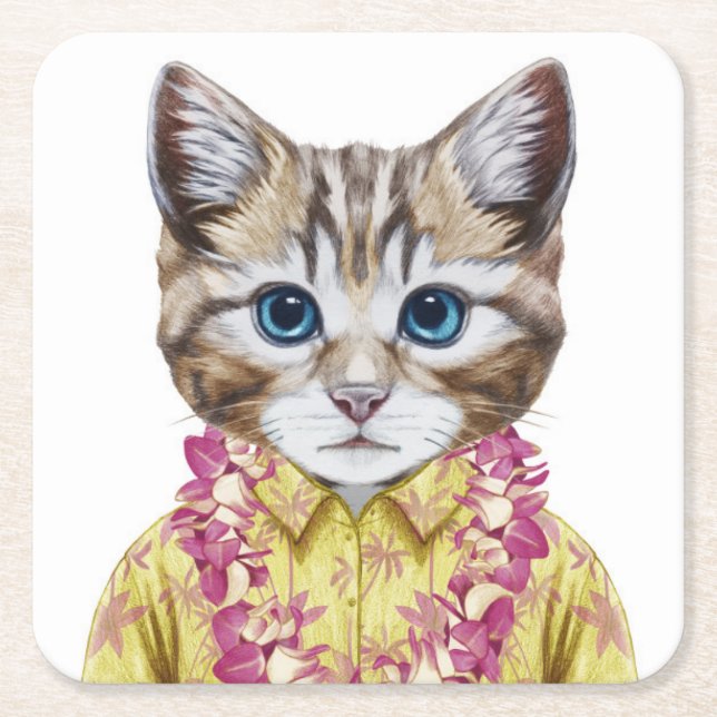 Hawaiian Kitty Cat Square Paper Coaster (Front)