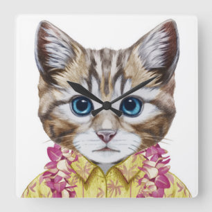 Hawaiian Kitty Cat Square Wall Clock