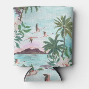 Hawaiian Landscape Flamingo Watercolor Pattern Can Cooler