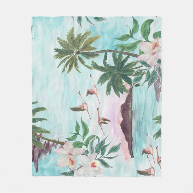 Hawaiian Landscape Flamingo Watercolor Pattern Fleece Blanket (Front)
