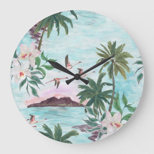 Hawaiian Landscape Flamingo Watercolor Pattern Large Clock (Front)