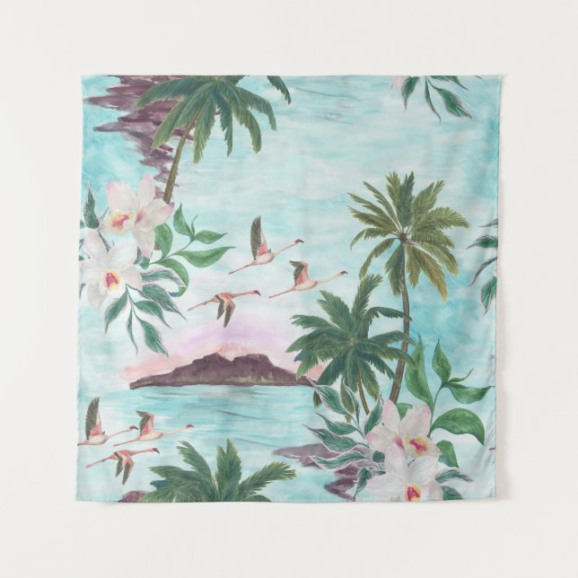 Hawaiian Landscape Flamingo Watercolor Pattern Tapestry (Front)