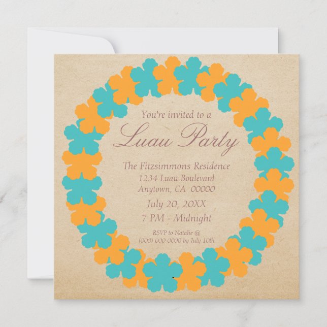 Hawaiian Lei Luau Party Invitation, Aqua & Orange Invitation (Front)