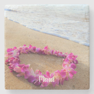 Hawaiian Lei on Sandy Beach Stone Coaster
