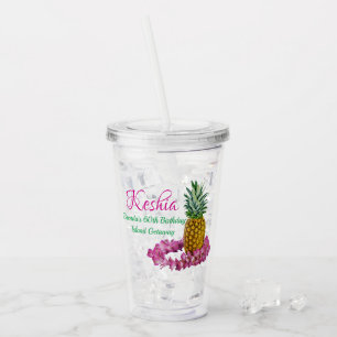 Hawaiian Lei & Pineapple Monogrammed Luau Themed Acrylic Tumbler