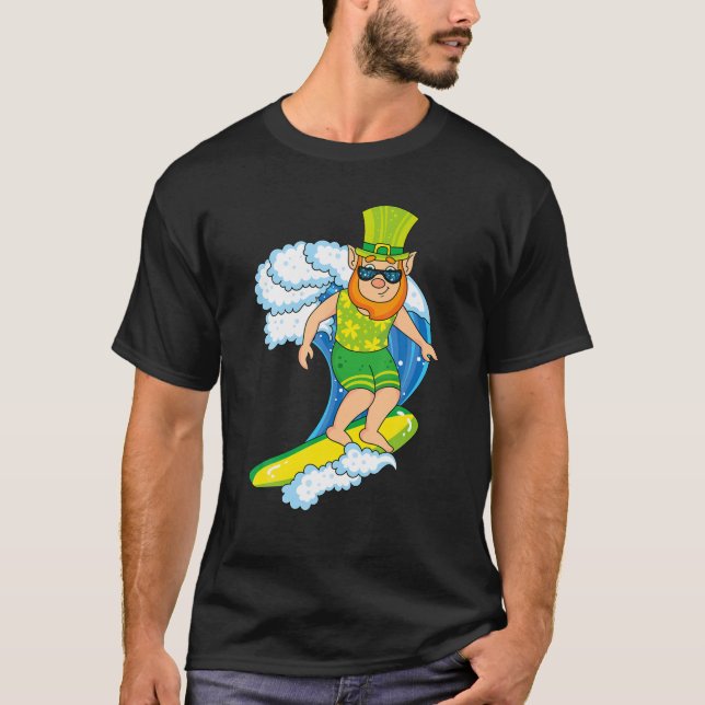 Hawaiian Leprechaun St Patricks Day Surfing Leprec T-Shirt (Front)