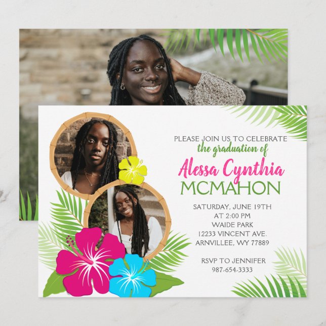 Hawaiian Luau 3 Photo Graduation Party Invitation (Front/Back)