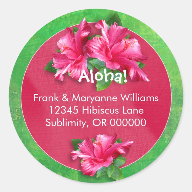 Hawaiian Luau Address Labels with Pink Hibiscus (Front)