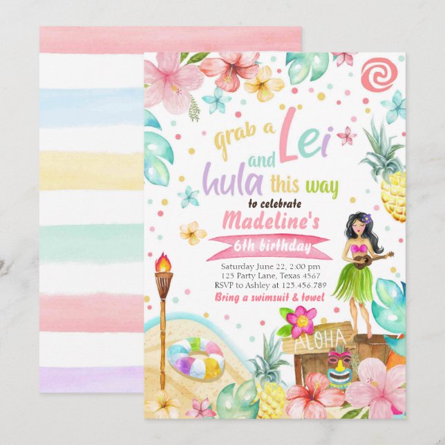 Hawaiian Luau Birthday Invite Tropical Pool Party  (Front/Back)