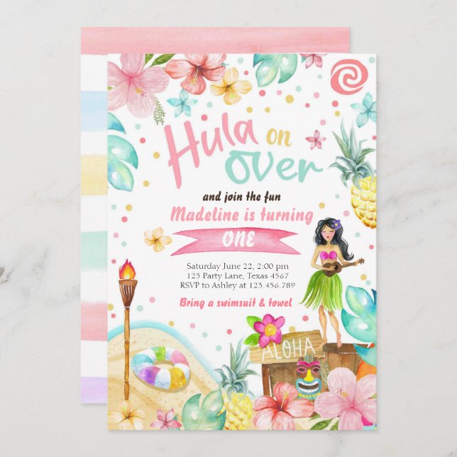 Hawaiian Luau Birthday Invite Tropical Pool Party  (Front/Back)